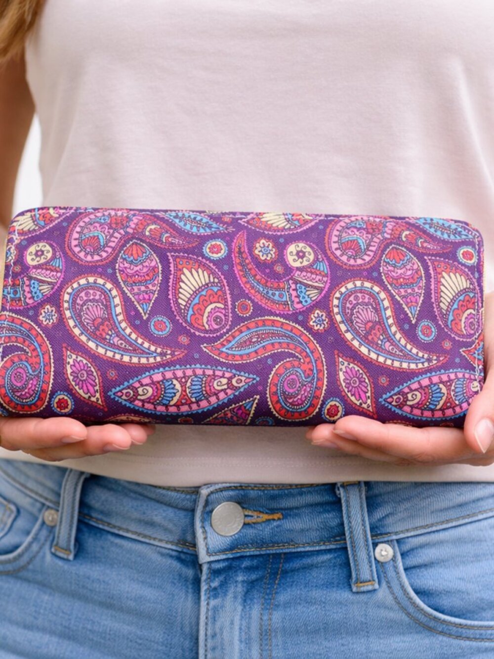 Purple Paisley Print Zip Wallet Clutch Easy to Hold and Carry 8 x4" - Hey Viv